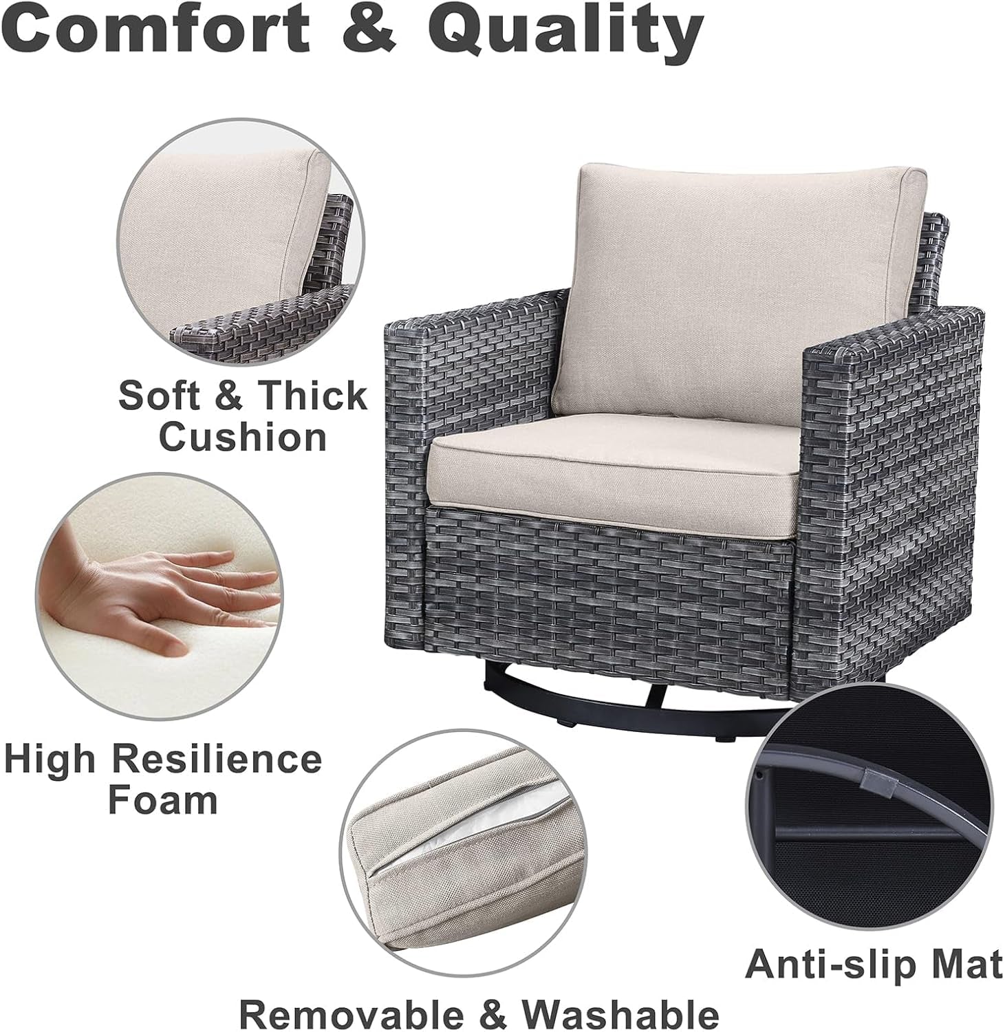Chair with cushions and text highlighting comfort and quality features.