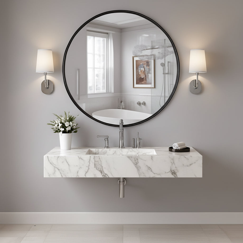 Bathroom vanity with round mirror, sink, and floral arrangement on a beige wall.