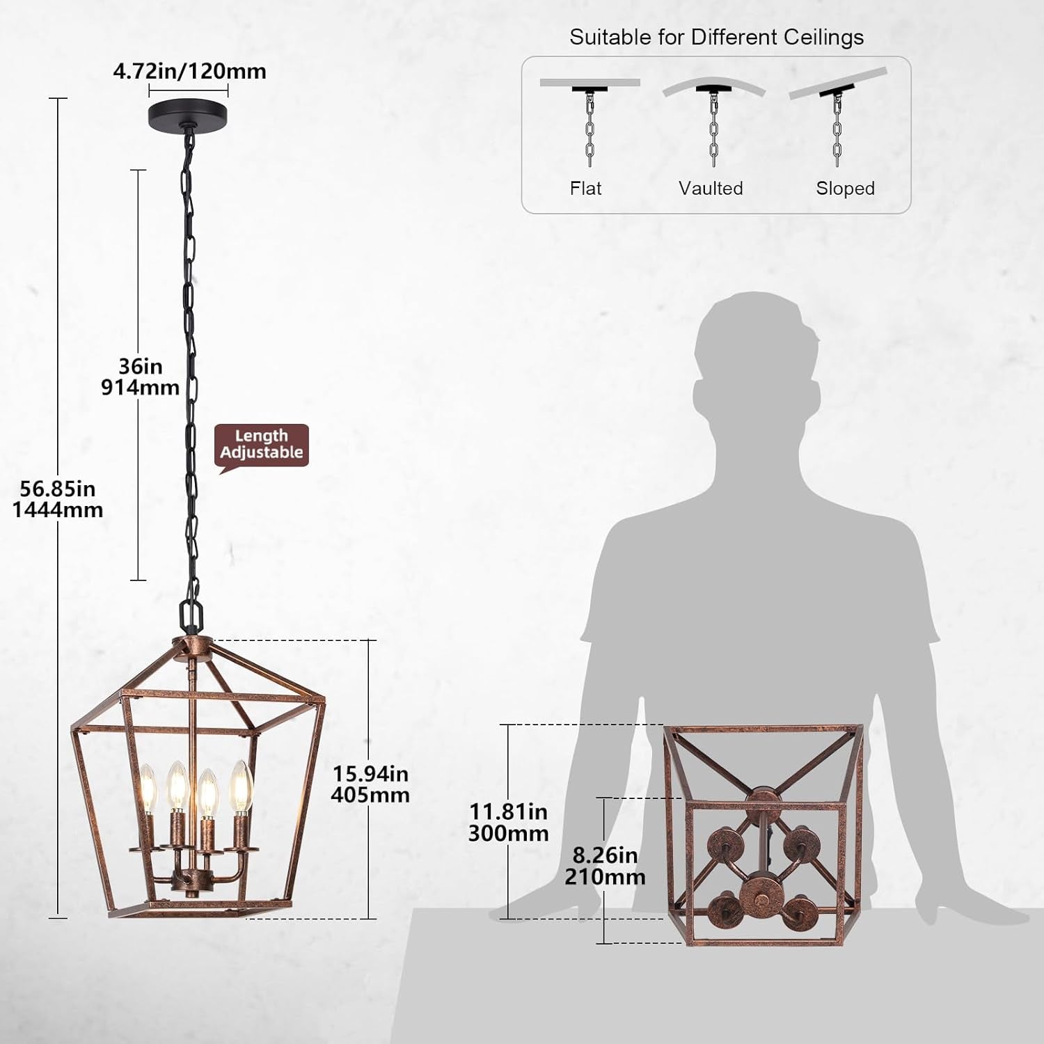 Pendant light with dimensions and compatibility information shown on a white background