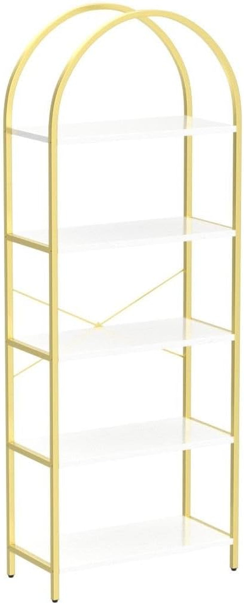 Gold metal shelf with white shelves on a white background