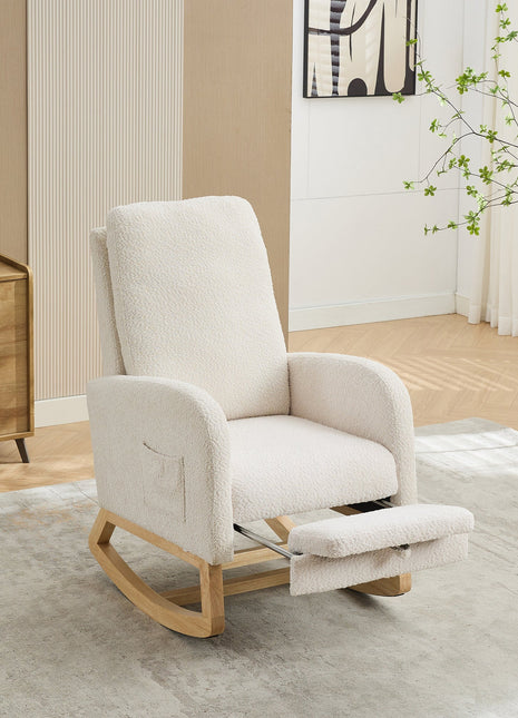 25.4'W Ivory Rocking Chair for Nursery, High Back Glider with Retractable Footrest, Boucle Upholstery, Rubber Wood Legs-3