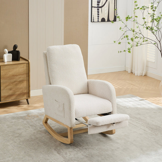 25.4'W Ivory Rocking Chair for Nursery, High Back Glider with Retractable Footrest, Boucle Upholstery, Rubber Wood Legs-3