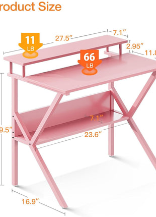 Small Desk, 27.5 Inch Small Computer Desk for Small Spaces, Compact Desk with Storage, Tiny Desk Study Desk with Monitor Stand for Home Office, Pink-2