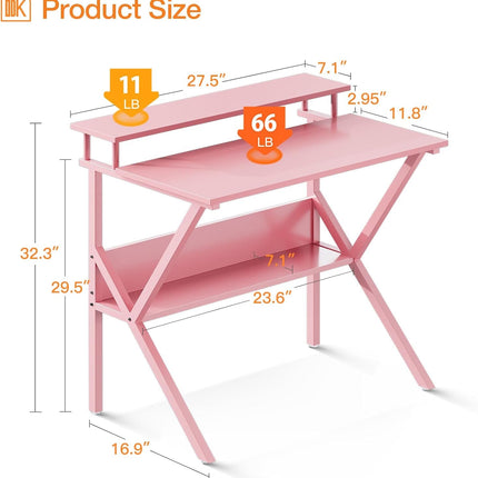 Small Desk, 27.5 Inch Small Computer Desk for Small Spaces, Compact Desk with Storage, Tiny Desk Study Desk with Monitor Stand for Home Office, Pink-2