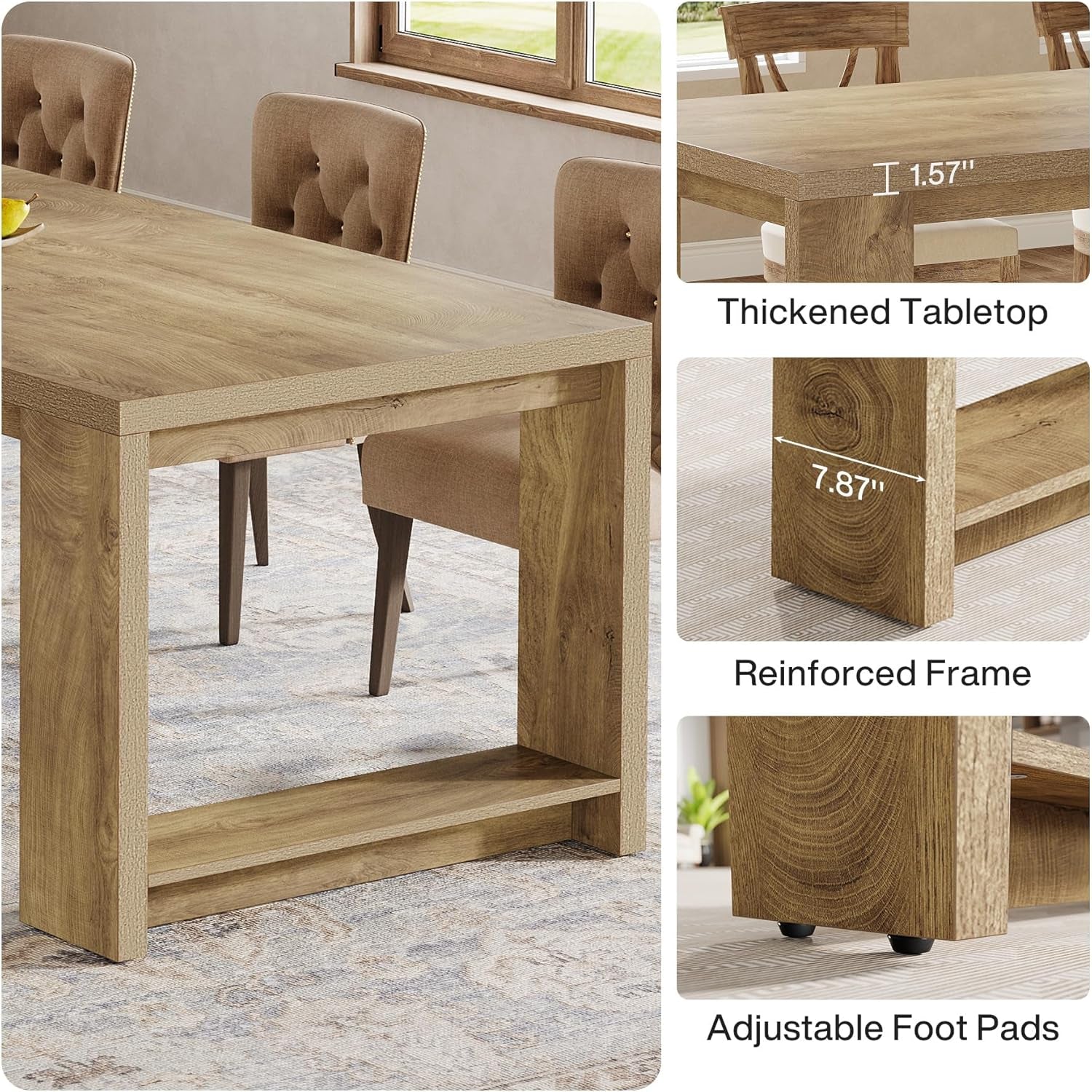 Wooden dining table with measurements and features highlighted