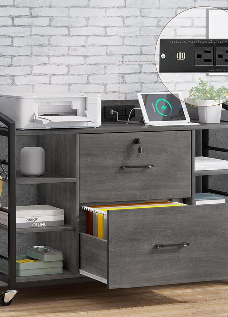 44" File Cabinet, Filing Cabinet Fits Legal/Letter Size, 2 Drawer File Cabinets for Home Office with Lock, Power Strip, 6 Storage Shelves, Grey