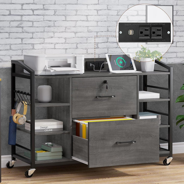 44" File Cabinet, Filing Cabinet Fits Legal/Letter Size, 2 Drawer File Cabinets for Home Office with Lock, Power Strip, 6 Storage Shelves, Grey
