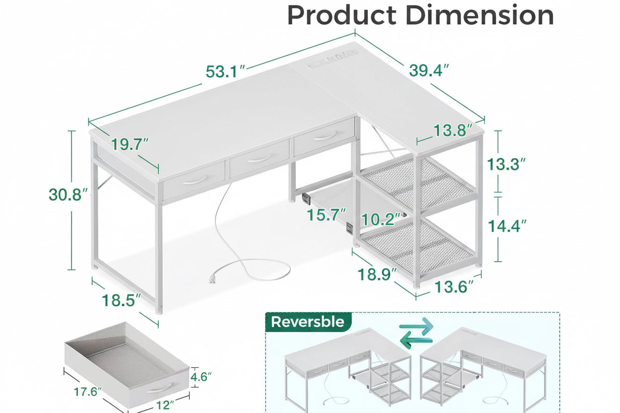 Dimensions of a white desk with shelves and drawers, featuring Naudk branding.