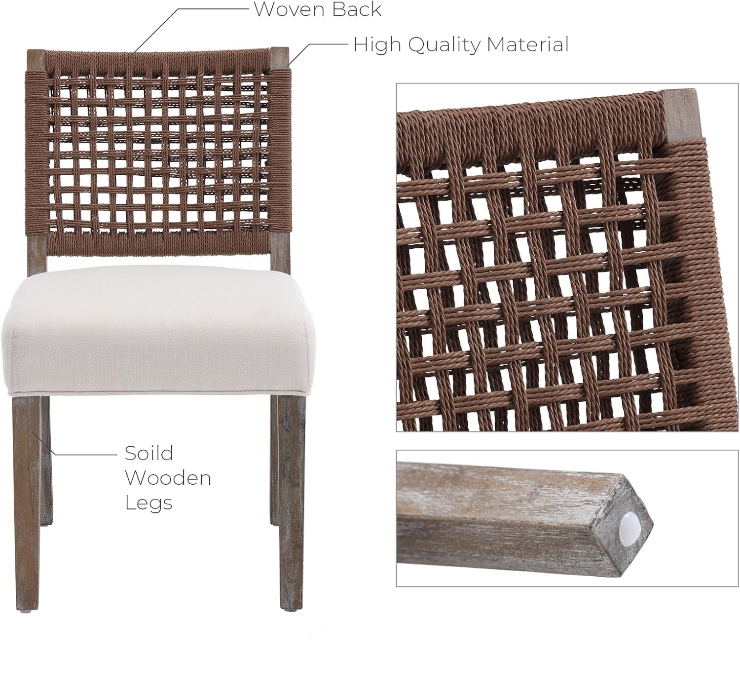 Dining chair with woven back and solid wooden legs, featuring high-quality material.