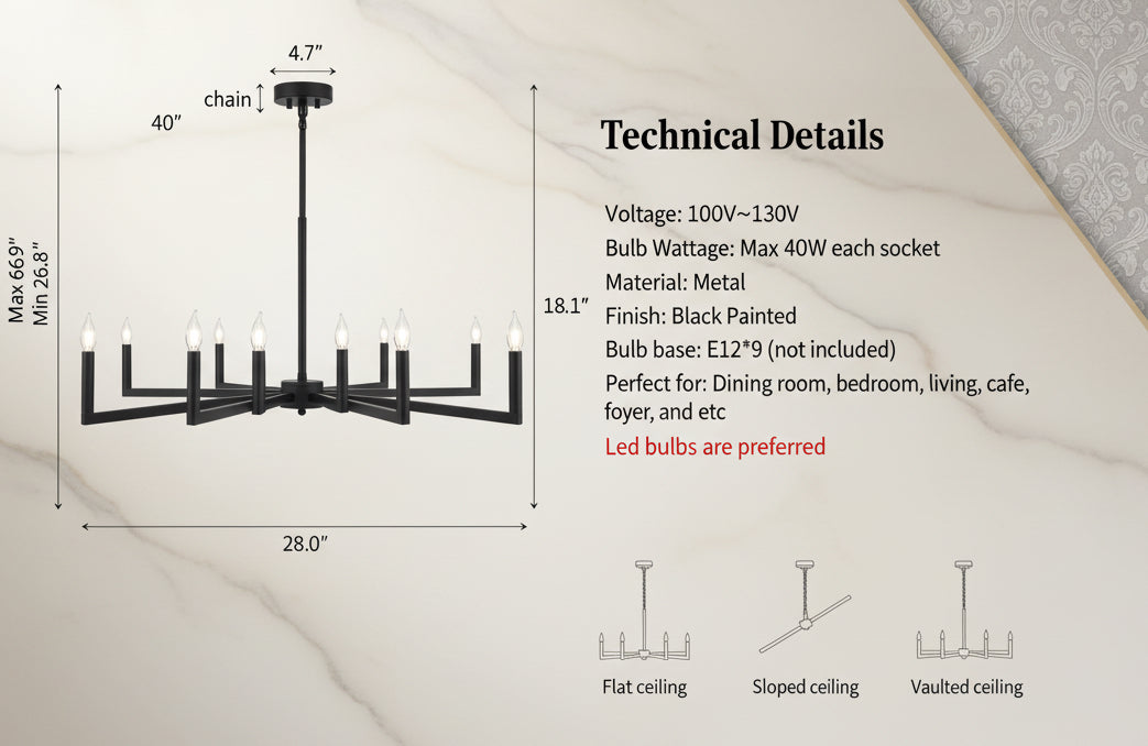 Black chandelier with dimensions and technical details on a white background