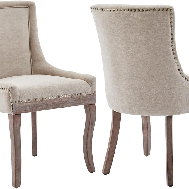 Modern Dining Chairs Set of 2, High Back Dining Chairs Side Chairs with Solid Wood Legs, Upholstered Fabric Dining Room Chairs for Dining Room Kitchen, Beige-0