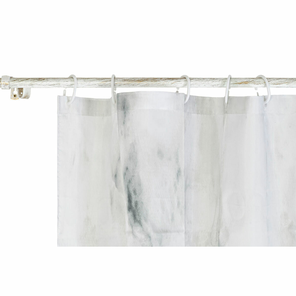 Marble-patterned shower curtain with a silver rod on a white background