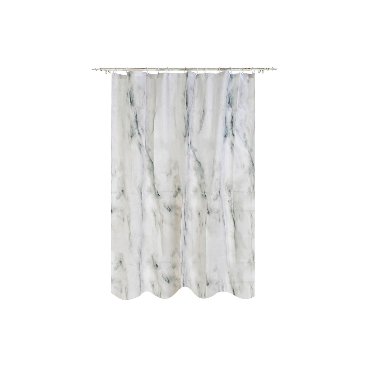 Marble-patterned shower curtain on a white background