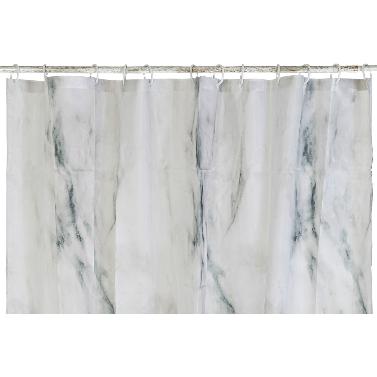 Marble-patterned shower curtain with a white background