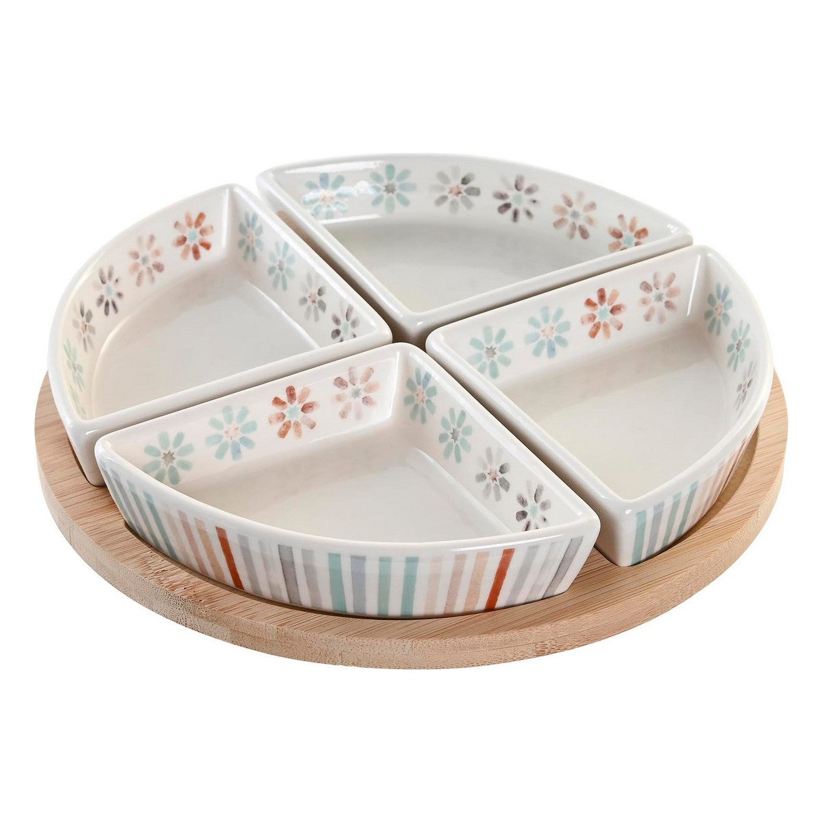 Ceramic divided plate with floral patterns on a wooden stand