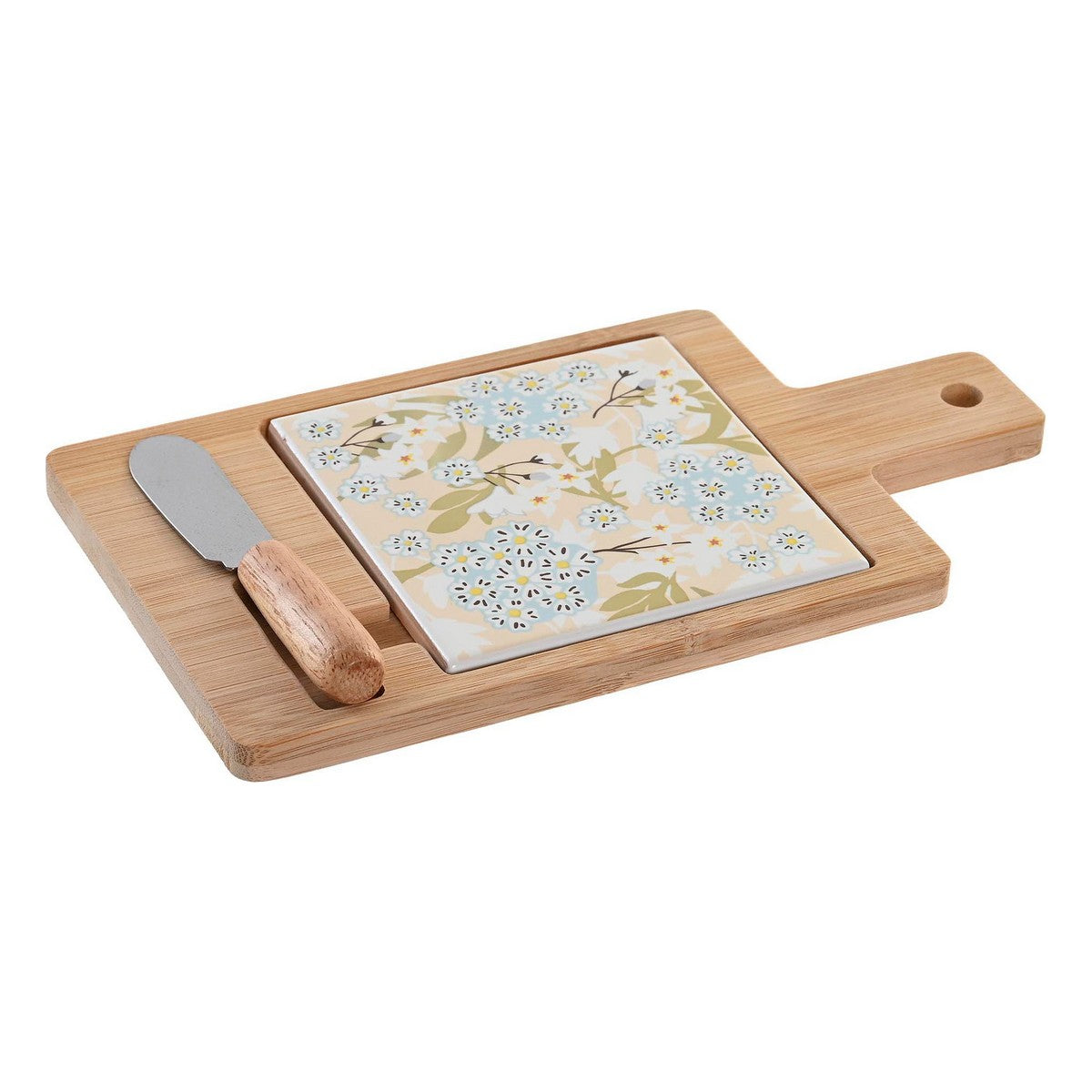Wooden cutting board with floral tile and knife on a white background