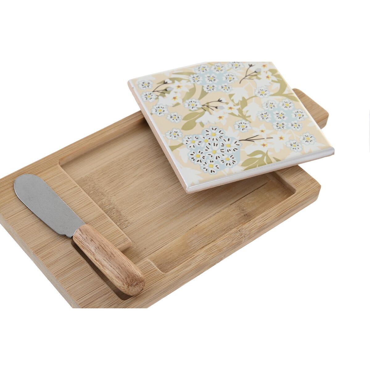 Bamboo cutting board with floral-patterned tile and cheese knife on a white background