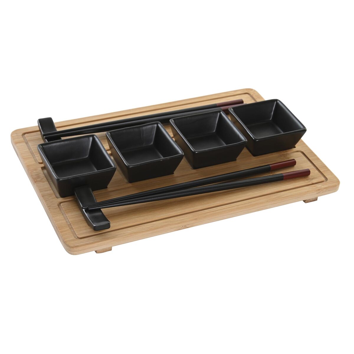 Bamboo tray with black containers and chopsticks on a white background