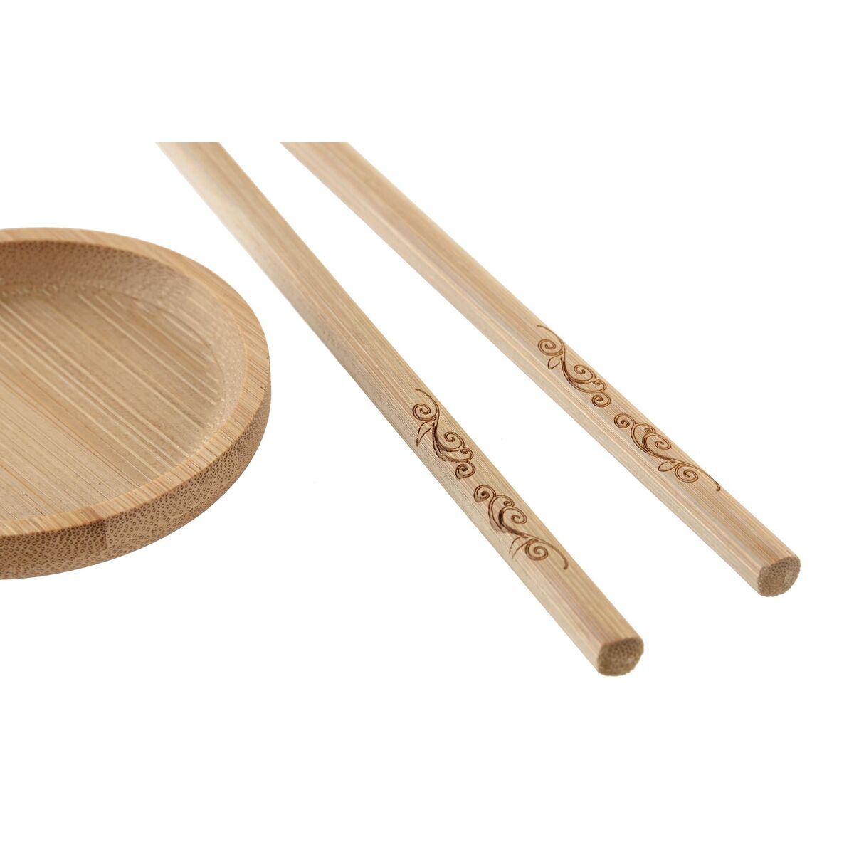 Bamboo tray and chopsticks with decorative patterns on a white background