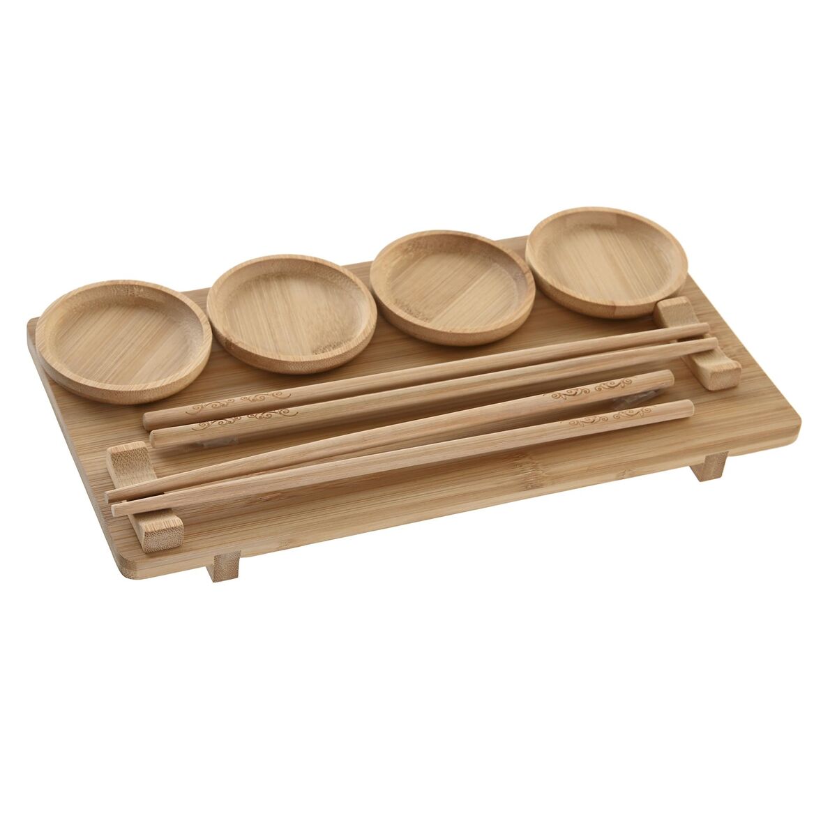 Bamboo sushi set with four bowls and chopsticks on a white background