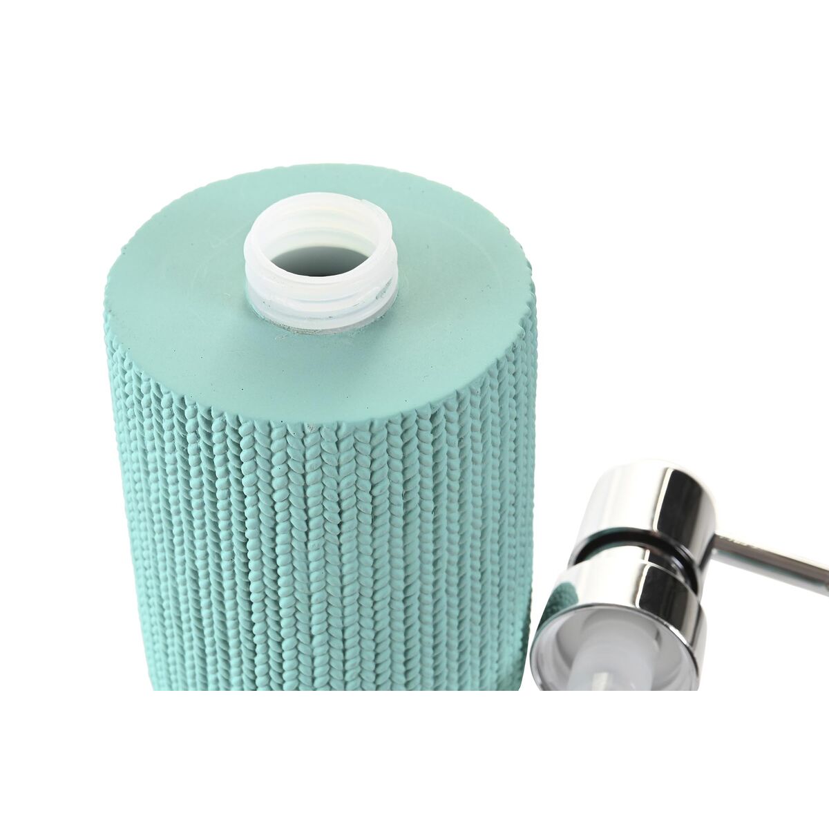 Turquoise filter with white center and chrome valve on a white background