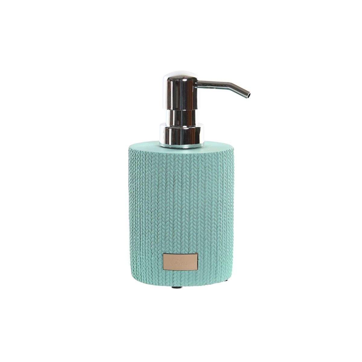 Teal textured soap dispenser with metallic pump on a white background