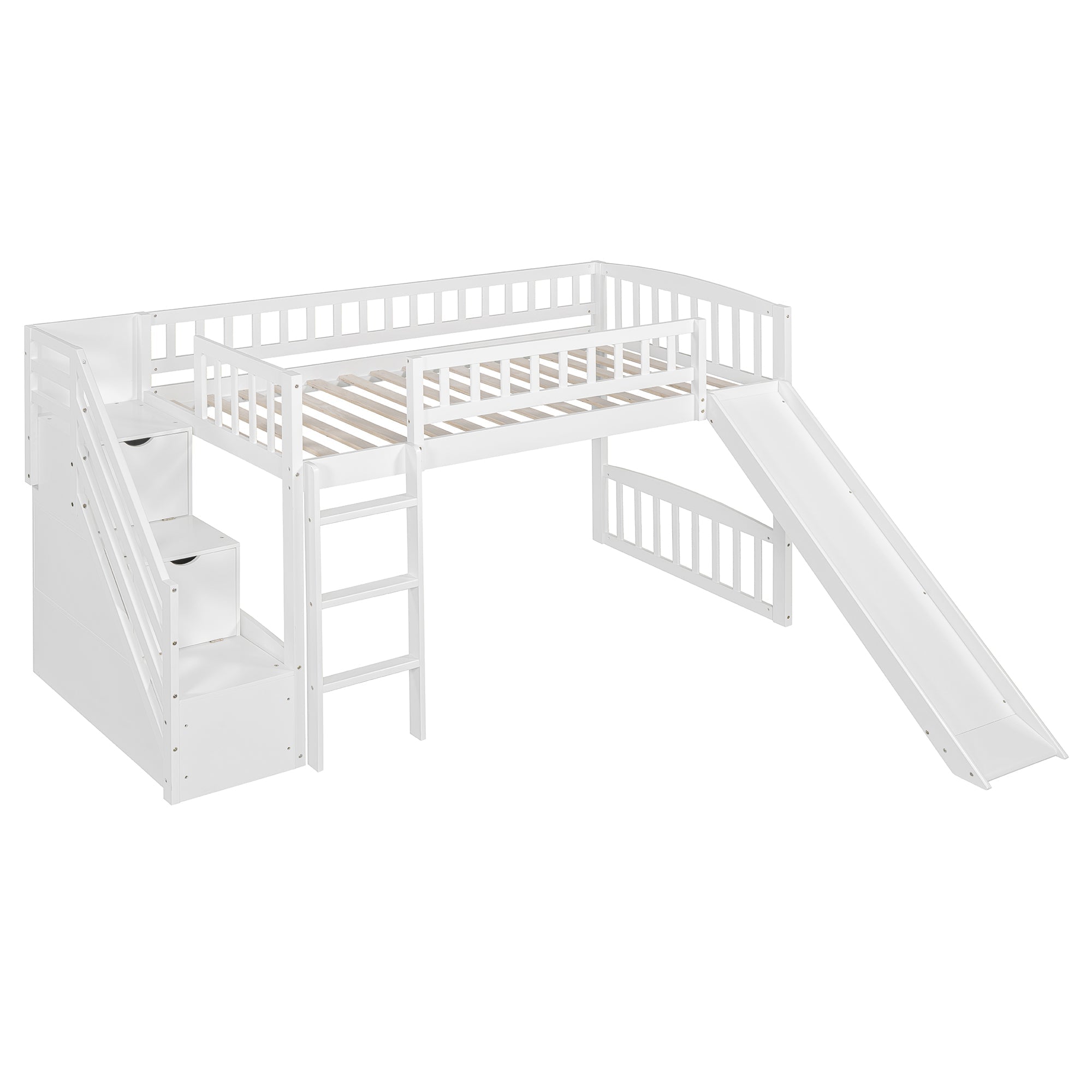 Stairway Twin Size Loft Bed with Two Drawers and Slide