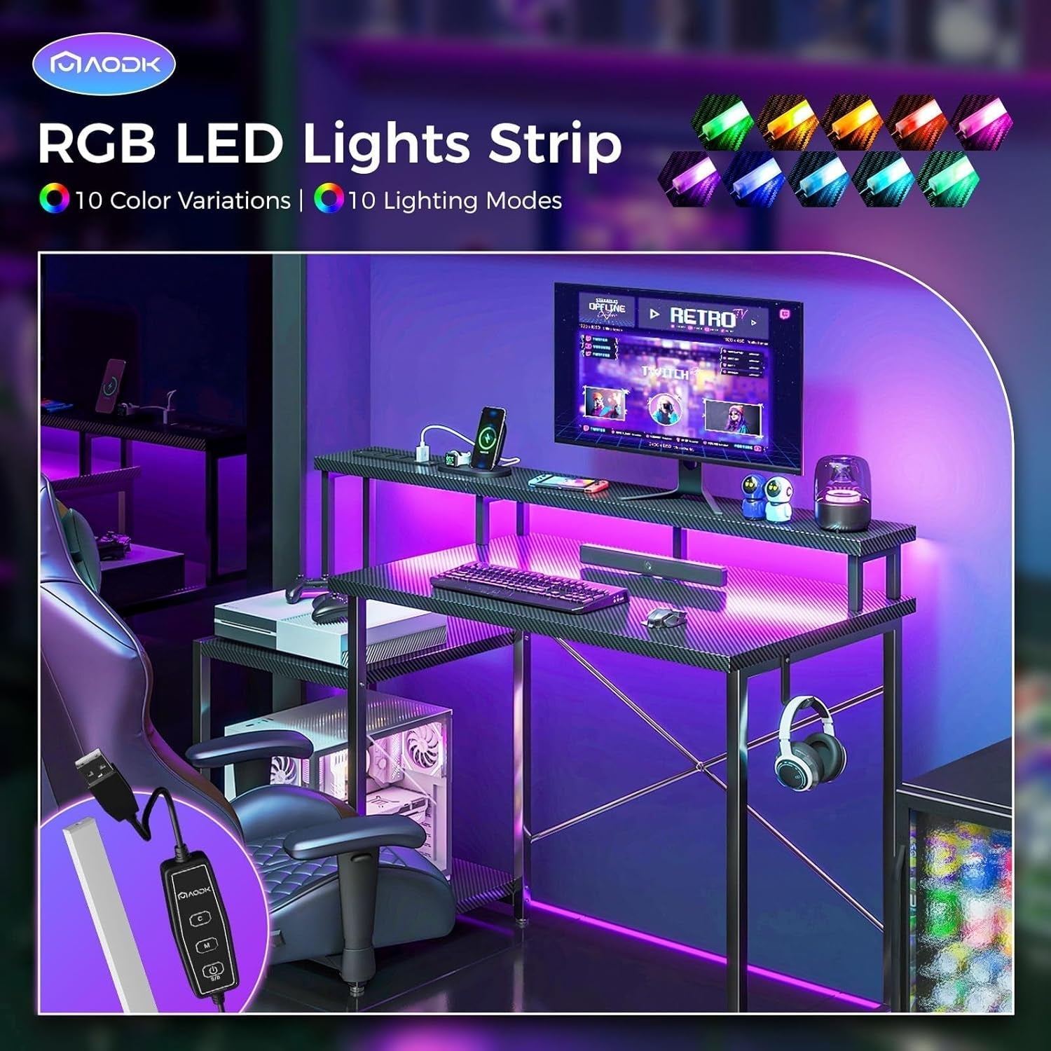 Computer Desk, 48 Inch Gaming Desk with Led Lights & Power Outlet, Office Desk with Printer Storage Shelves, Reversible Desk with Monitor Shelf & Headphone Hook, Carbon Fiber Black-4