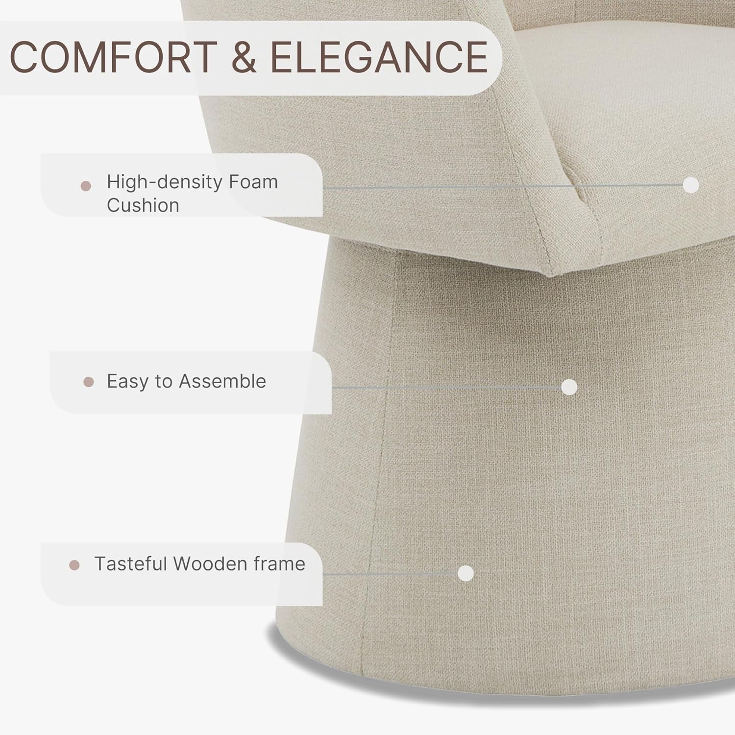 Beige cushion with text highlighting comfort and elegance features on a white background