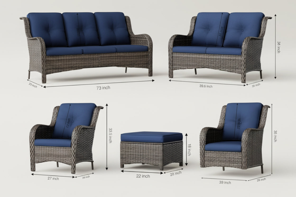 Patio furniture set with blue cushions and dimensions displayed.