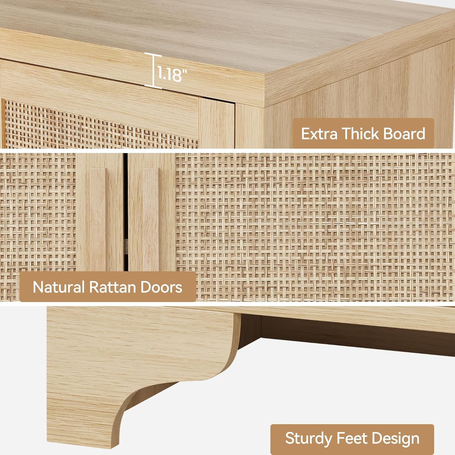Wooden cabinet with labeled features including an extra thick board, natural rattan doors, and sturdy feet design.