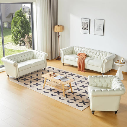 3 Piece Living Room Set, Chesterfield Faux Leather Sofa Loveseat Couch Chair with Scroll Arms and Nailhead for Living Room, Office (White)-0
