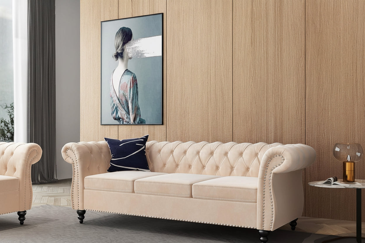 Beige Velvet Sectional Sofa Set With Button Tufting-3