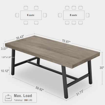 Wooden dining table with dimensions and seating capacity indicators on a white background