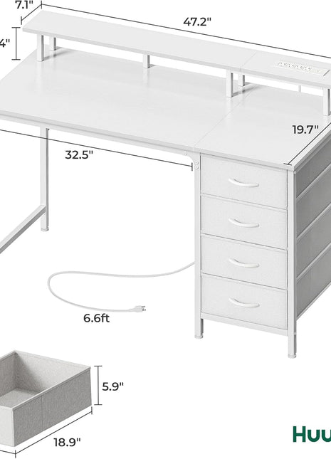47 Inch Computer Desk with Power Outlets and LED Lights, Gaming Desk with 4 Drawers, Office Desk with Monitor Stand, Study Desk Work Desk for Home Office, Small Spaces, White-1