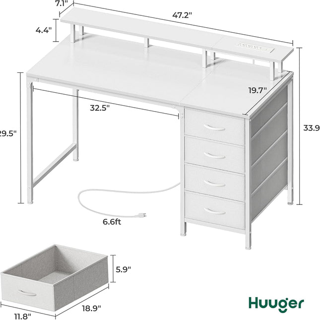47 Inch Computer Desk with Power Outlets and LED Lights, Gaming Desk with 4 Drawers, Office Desk with Monitor Stand, Study Desk Work Desk for Home Office, Small Spaces, White-1