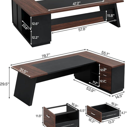 78" L-Shaped Executive Desk, Large Office Desk with Drawers and Lateral File Cabinet, Business Furniture with Storage Shelves, Modern Computer Desk for Home Office, Walnut & Black-1