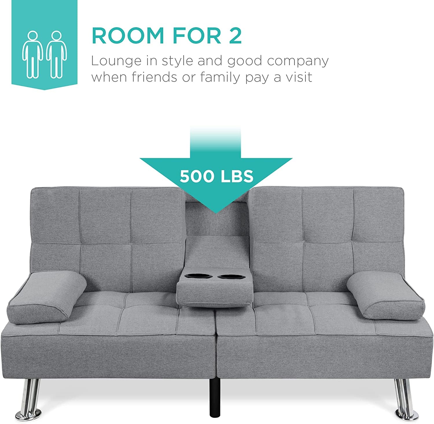 Gray sofa bed with a table in the middle, labeled 'Room for 2' and '500 LBS' capacity.