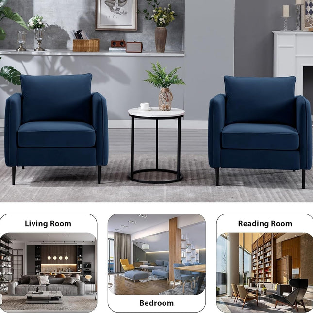 Modern Velvet Accent Chair, Single Sofa Chairs Armchair with Square Arm, Upholstered Accent Chairs for Living Room, Bedroom, Apartment (Navy Chair)-2