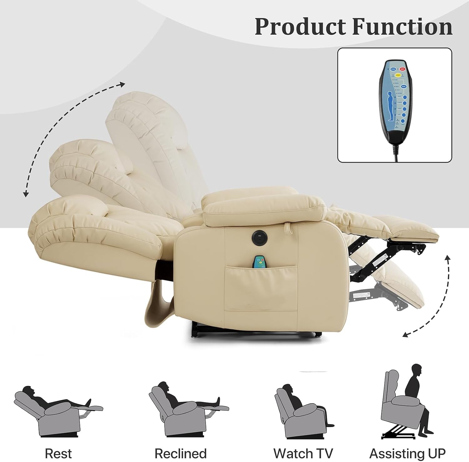 Dual Motor Large Power Lift Recliner Chair Recliners for Elderly, Infinite Position Recliner Chair with Heat and Massage, Breathable Leather(Beige)-3