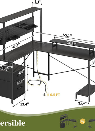 L Shaped Desk with Pegboard, Reversible Computer Desk with Drawers & Storage Shelves, Gaming Desk with LED Lights & Power Outlets, Office Desk with Monitor Stand Corner Desk Home Office Desks-1