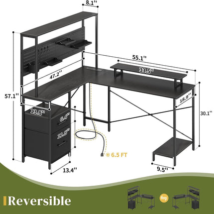 L Shaped Desk with Pegboard, Reversible Computer Desk with Drawers & Storage Shelves, Gaming Desk with LED Lights & Power Outlets, Office Desk with Monitor Stand Corner Desk Home Office Desks-1