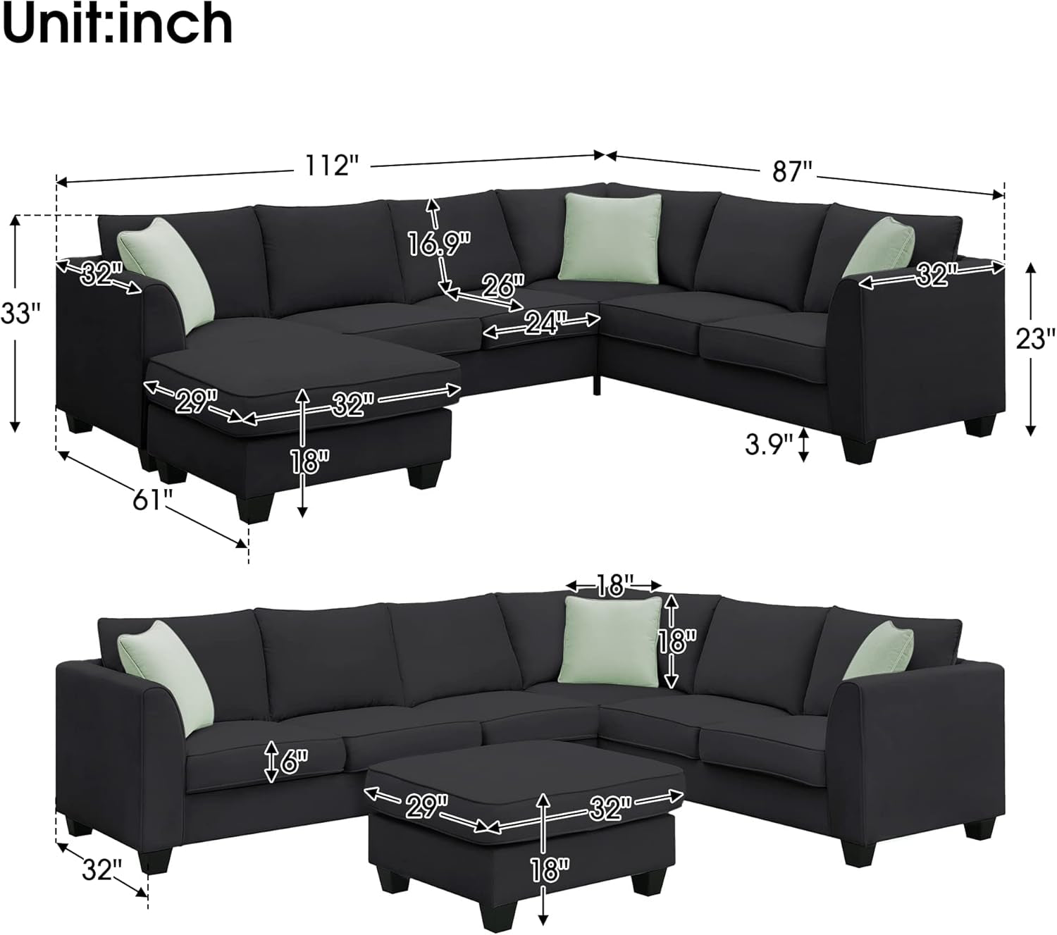 Black sectional sofa with measurements in inches on a white background