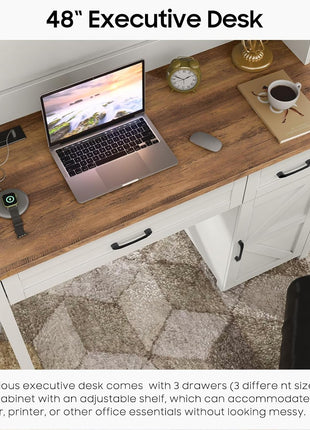 Farmhouse 47" Executive Desk, Computer Desk with Drawers and Storage Cabinet, Workstation Computer Desk with Hutch for Home Office-4