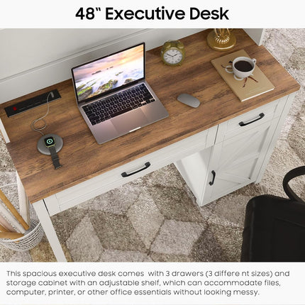 Farmhouse 47" Executive Desk, Computer Desk with Drawers and Storage Cabinet, Workstation Computer Desk with Hutch for Home Office-4
