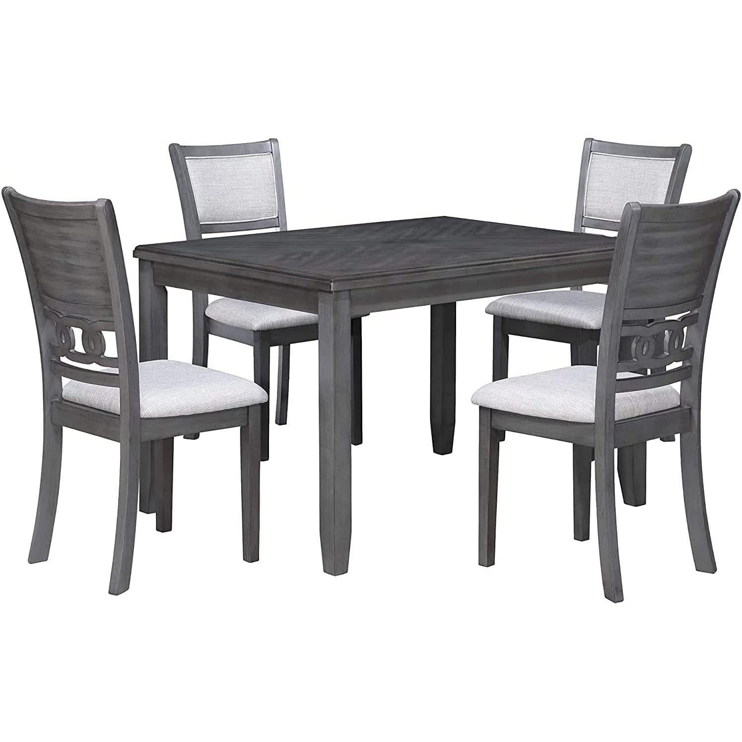 Dining table set with four chairs on a white background