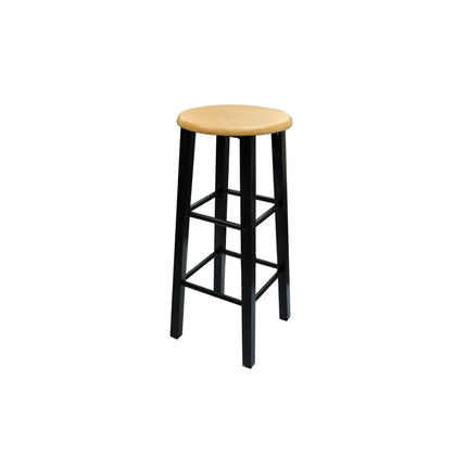 Bar stool with wooden seat and black legs on a white background