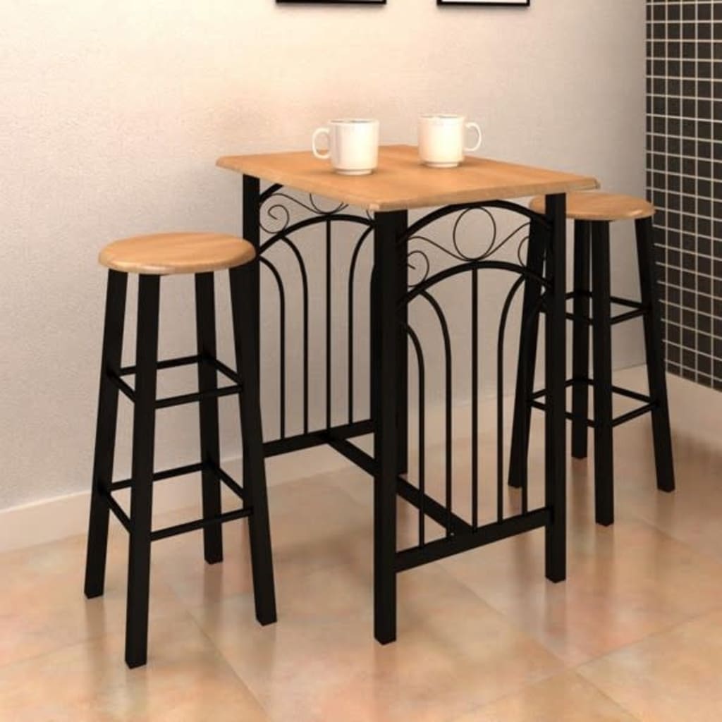 High table with black metal frame and wooden top, accompanied by three stools with wooden seats.