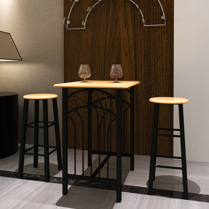 Bar setup with a high table and stools in a room setting.