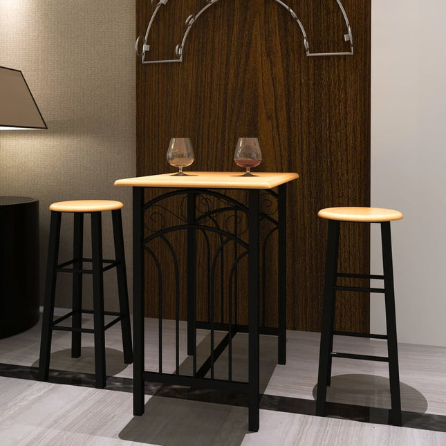 Bar setup with a high table and stools in a room setting.